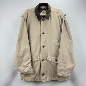 Vintage Men's Beige Field Jacket with Dark Brown Leather Collar Flannel Lined